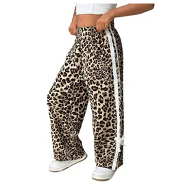 BEAUDRM Girl's Baggy Pants Bow Parachute Pants Striped Wide Leg Sweatpants Track Joggers Hip Hop Dance Multi Leopard 4Y