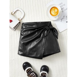 Milumia Girl's PU Leather Wrap Knot Side Skorts Casual Ruched Elastic Waist Shorts Black 10 Years