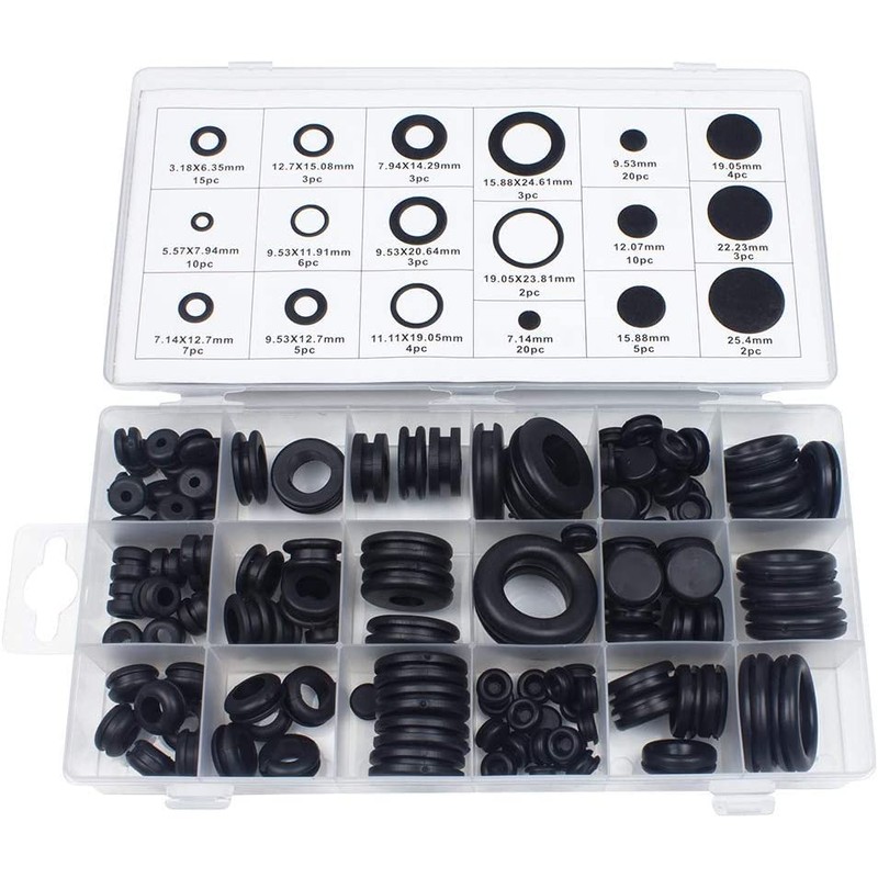 Litensh 125pcs Black Rubber Grommet Assortment Kit, Electrical Grommets Wire