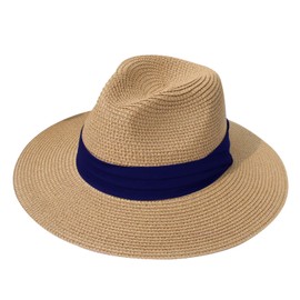 DRESHOW Women Straw Panama Hat Fedora Beach Sun Hat Wide Brim Straw Roll up Hat UPF 50+