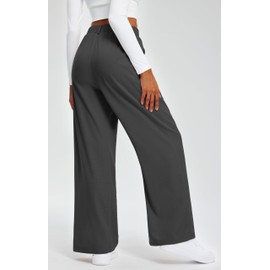 Libin Women's Wide Leg Casual Pants 27" High Waisted Flowy Slacks Work Dress Palazzo Pants Yoga Trousers with Pockets, Dark Grey, L