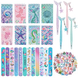Phlognfy Mermaid Party Gifts, 8 Spiral Notepads, 8 Neutral Pens, 12 Bracelets, 50 Stickers, Mermaid Party Bags, Children's Birthday, for Girls Party Favours