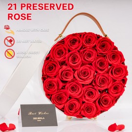 DEC RLA HOME Valentines Day Decor Preserved Rose in a Box Enchanted Forever Eternal Rose Gift New Job Birthday Women Party Decoration Mothers Day(21,Round White Box,Red)