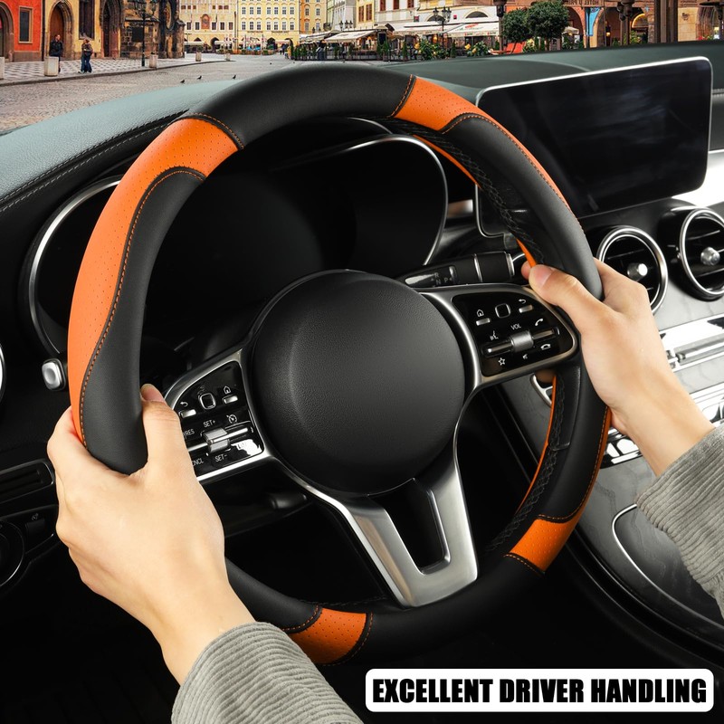 Binsheo Microfiber Leather D Shaped Steering Wheel Cover, Breathable, Anti