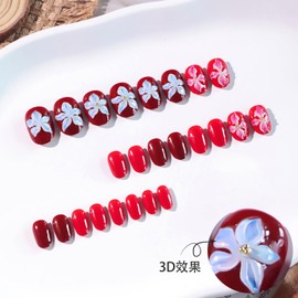 24 Pcs Wine Red Press on Nails Short Oval Fake Nails 3D Flower Art Design False Nails Cute Acrylic Nails Glossy Full Cover Stick on Nails Autumn Press ons Nails for Women