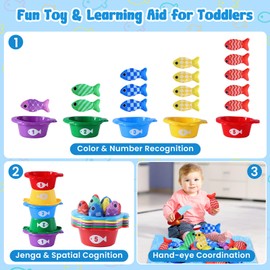 HSLNSD Montessori Toys for 1 Year Old, 22PCS Cloth Fishing Game for Toddler 1-3 with Stacking Cups, Baby Fishing Toy for Number Counting, Color Sorting, Shape Learning, Boy Girl Gift