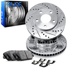 For 2013-2018 Wrangler, Wrangler JK R1 Concepts eLine Front Drill/Slot Brake Rotors Kit + Ceramic Pads