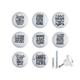 JamJam Set of 8 1.5" Ceramic Vintage Decorative Cabinet Knobs Laundry Room Drawer Knobs Unique Farmhouse Wash Signs Drawer Pull