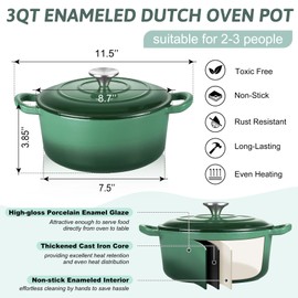 TeamFar Enameled Cast Iron Dutch Oven - 3QT Small Dutch Oven Pot with Lid - Heavy Duty Cast Iron Pot Cookware for Bread Baking, Braising, Stewing, Roasting, Basil Green
