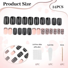 LunarCharm 24 Pieces Press On Nails Short Square Black Artificial Nails Short French Fake Nails with Leopard Print Acrylic Nails Shiny False Nails