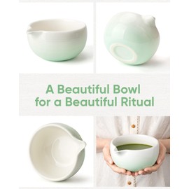 Joiish Gradient Matcha Kit, Matcha Whisk Set, Ceramic Bowl with Spout (18oz), Bamboo Whisk, Stainless Sifter, Scoop & Chasen Holder, 5-PC Complete Macha Tea Ceremony Tools (Cyan-White)