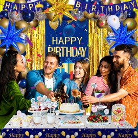 Blue and Gold Birthday Decorations for Men Women, Happy Birthday Decorations for Boys Happy Birthday Banner, Balloons, Tablecloth, Foil Backdrop Star Balloons Arch for Mens Bday Party Supplies for Him
