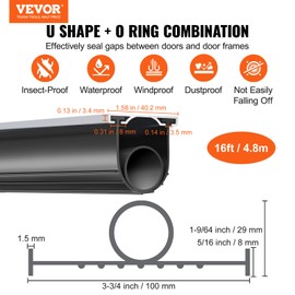 VEVOR Garage Door Seals Bottom Rubber, U Shape +O Ring Combination Garage Door Weather Stripping with Pre-drilled Aluminum Track Retainer Kit, 5/16 inch T-Ends and 3 3/4 inch Width (16 Ft, Black)