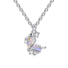 Silver Imitation Moonstone Moon Pendant Necklace, Cubic Zirconia Crystal Accents, Chain Included