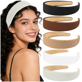 5Pcs Cute Wide Headbands for Women Fashion Headband Non Slip Trendy Hair Accessories Women Girls 1 Inch Thick Head Bands for Women's Hair Black White Brown Head Bands Set for Makeup Skin Care Spa