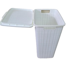 YBM Home Plastic Rattan Laundry Hamper Basket with Hinged Lid, Ventilation Holes, Durable, Lightweight Bin With Cutout Handles, Storage Dirty Clothes, Space Saver, 16.75" x 13.5" x 23.75", White