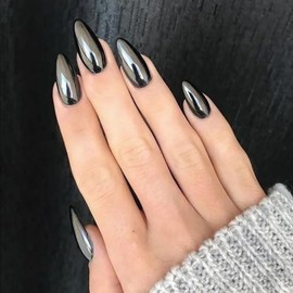 24PCS Press On Nails, Mirror Metal Stiletto Fake Nails, Almond Medium Shape, Stick on Nails, Glue on Nails False Nails (Black)