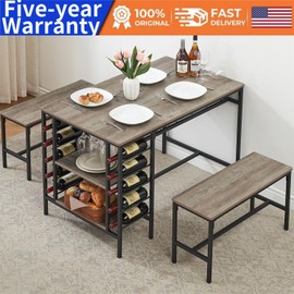 GRVEE Dining Table Set for 4 Kitchen Table Set for 4 with 2 Benches Wine Rack and 2-Ti