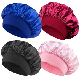 4 Pcs Silk Hair Bonnet for Sleeping – Adjustable Satin Bonnet for Women, Protects Hair from Frizz and Damage, Comfortable Sleeping Cap for Nighttime Use