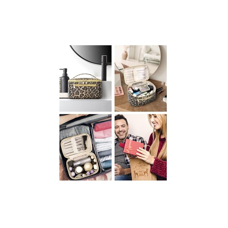 Travel Makeup Bag, Large PU Leather Cosmetic Case with Brush