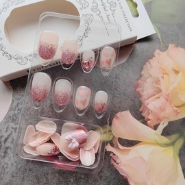 24Pcs Valentines Press on Nails Short Oval Fake Nails 3D Bow Nails Charms Glue on Nails Glitter Pink Nails Tip French False Nails Heart Rhinestone Design Wedding Acrylic Nails Stick on Nails for Women