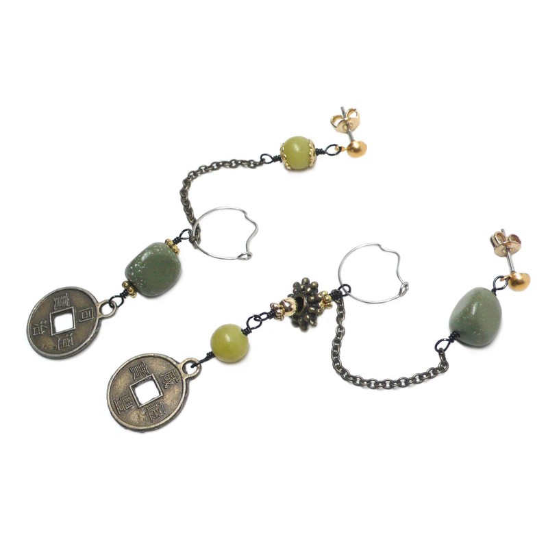 Mismatched Asymmetrical Double Pierced Earrings Chinese Replica Coin