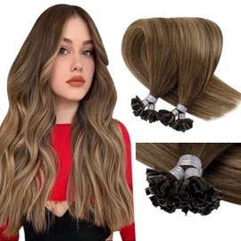 LaaVoo 60 cm Real Hair Bonded Extensions, Balayage, Keratin, U-Tip, Remy Extensions, Medium Brown to Light Brown and Darkest Blonde, #6/8/14, 1 g/Strand, 50 g/50 Strands