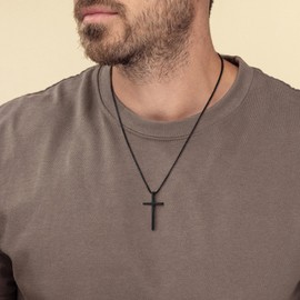 TINGN 2 Pieces Cross Chain Men Boys Stainless Steel Chain with Cross Pendant Necklace Silver Black Cross Necklace Set with Text Men Jewellery Gift Chain Length 47-61 cm, Stainless Steel