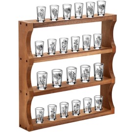 DoubleFill Wood Shot Glass Display Case Shot Glasses Holder Wall Floating Shelves Bar Collection Stand Collection Display Rack (Brown)