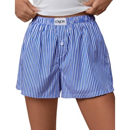 LOMON Womens Boxer Shorts Casual Summer Cotton Pajama Lounge Sleep Pj Striped Shorts Y2K Beach Bottoms (Blue White Striped L)