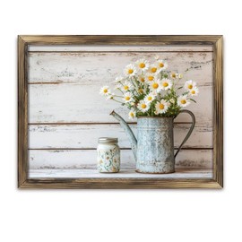 Rustic Long Wooden Framed Art " Rustic Daisies Flowers Metal Watering Can " Farmhouse Style Wall Decor Sign for Tabletop Or Hanging - Durable Handcrafted Wood Print - Home & Office Decoration
