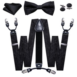 Barry.Wang Suspenders and Bow Tie Set for Men Solid Paisley Bowtie Y Shape Brace Handkerchief Cufflinks 6 Strong Clips