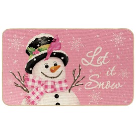 AnyDesign Christmas Outdoor Doormat Pink Snowman Floor Mat Let It Snow Non-Slip Decorative Entrance Door Rugs for Xmas Home Front Door Bathroom Porch, 17 x 29 Inch