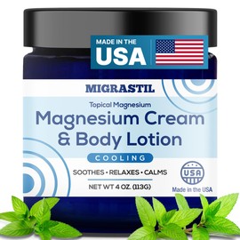 MIGRASTIL Cooling Magnesium Cream & Body Lotion - Promotes Sleep and Soothing Relief for Sore Muscles, Leg Discomfort, Etc. 4oz. Made in The USA.