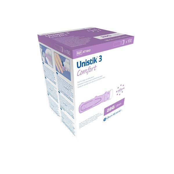 UNISTIK 3 - Lanceta Individual de 28g/1.8mm de Profundidad - Diabéticos - Cuidado de Glucosa - 100 Piezas