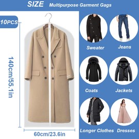 WYIPOLZI 10Pack Dress Bags Clothes Covers Long with Zip 60 x 140cm, Breathable Garment Bags Covers, Dust-proof Moth-Proof Clothes Protector Bag, Hanging Clothing Storage Bag for Wardrobe Storage