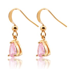 RIZILIA Dangle Drop Pierced Earrings with Pear Cut CZ [Simulated Pink Sapphire] in Yellow Gold Plated, Simple Modern Elegant