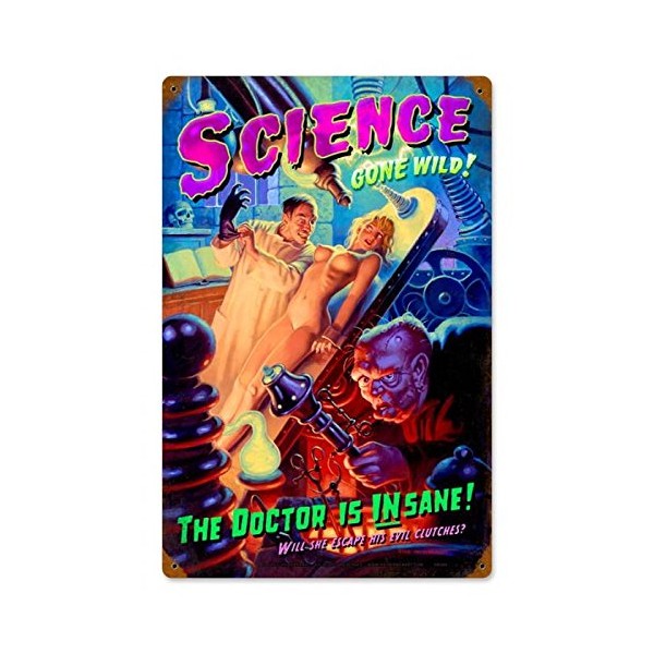 American Collectibles Greg Hildebrandt Science Gone Wild Mad Scientist Doctor and Naked Pin Up Metal Sign