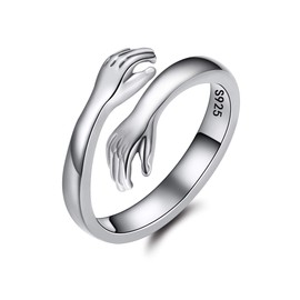 EVER FAITH Hug Ring 925 Sterling Silver Hugging Hands Adjustable Ring for Women/Men/Girls, Sterling Silver