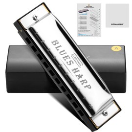 CONJURER Blues Harmonica for Beginners, 10 Hole A Key Diatonic Blues Harp with Stainless Steel Cover & Phosphor Bronze Reeds, Professional Grade for Adults, Gifts (Silver A)