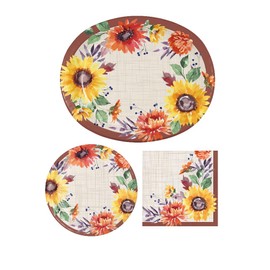 Fall Flowers Party Supplies for 8 - (8) Oval Dinner Plates, (8) Appetizer/Dessert Plates, (16) Lunch Napkins | Autumn Sunflower Design!