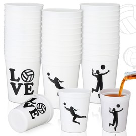 Zhehao 30 Pcs Sport Ball Plastic Cups Hockey Football Basketball Plastic Reusable Drink Cups Bulk 16 oz Stadium Tumbler Stackable Sports Tumbler for Sport Party Supplies(Volleyball,White)
