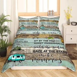 Homewish Camping Rules Duvet Cover Camper Bedding 135 x 200 cm for Kids Rustic Cabin Camping Duvet Cover Country Style Camping Decor Duvet Cover Vintage Wooden Board Happy Camping Decor