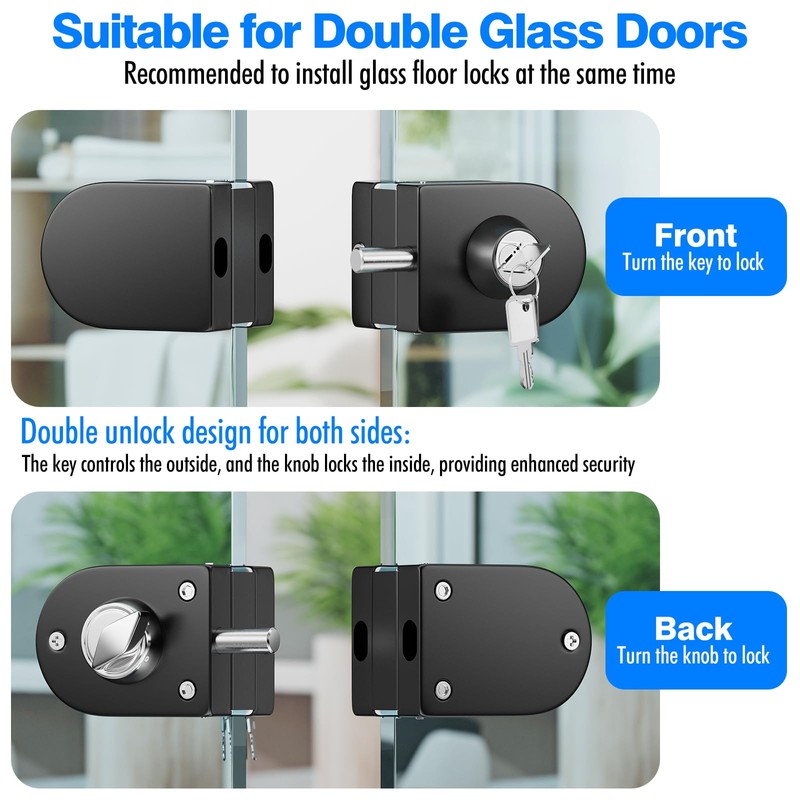 Ranbo Frameless Double-Sided Glass Door Lock,Clamp-On No-Drill,304 Stainless Steel,for 3/8"–1/2"(10-12mm)