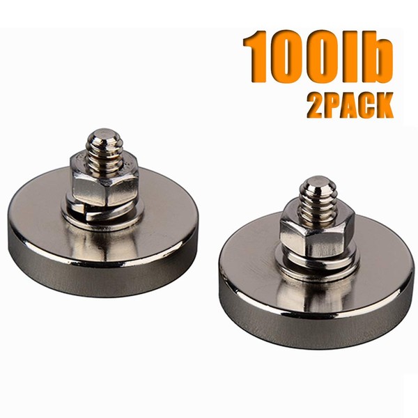 MUTUACTOR 2Pack Super Powerful Neodymium Cup Magnet with 1/4''-20 Male Threaded Stud, 100lb Vertical Pull-Force Non-Shattering Magnet Base with Nut and Washer for Lighting, Camera and Other Brackets.