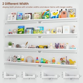 Axeman 72 Inch Floating Shelves for Wall - Picture Ledge Shelf Set of 4 - White Floating Shelves with Lip - Picture Shelf for Wall with Ledge - Photo Ledge Shelves for Pictures Nursery Books