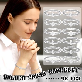 48 Pcs Cross Bracelets for Women Christian Bracelets Bulk Beaded Religious Gifts Jesus Faith Bracelet Stretch Stackable Church Jewelry Gift Communion Supplies Cheer Stocking Stuffers for Party (Silver)