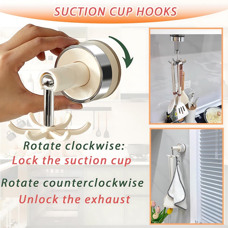 Aotuse 4Pcs Suction Cup Hooks 360° Rotating Heavy Duty Hanging