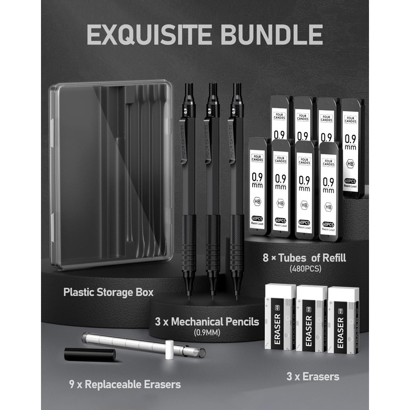 Four Candies 0.9 mm Mechanical Pencil Set with Case, Metal