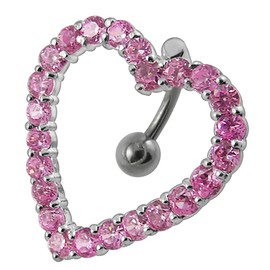Pink CZ Crystal Stone Movable Studded Cut Out Heart Reverse Bar 925 Sterling Silver Belly Ring Body Jewelry